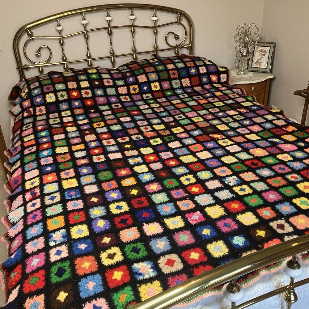 Vintage Handmade Crochet Wool Afghan 61x78 Granny Square Roseanne Black Blanket